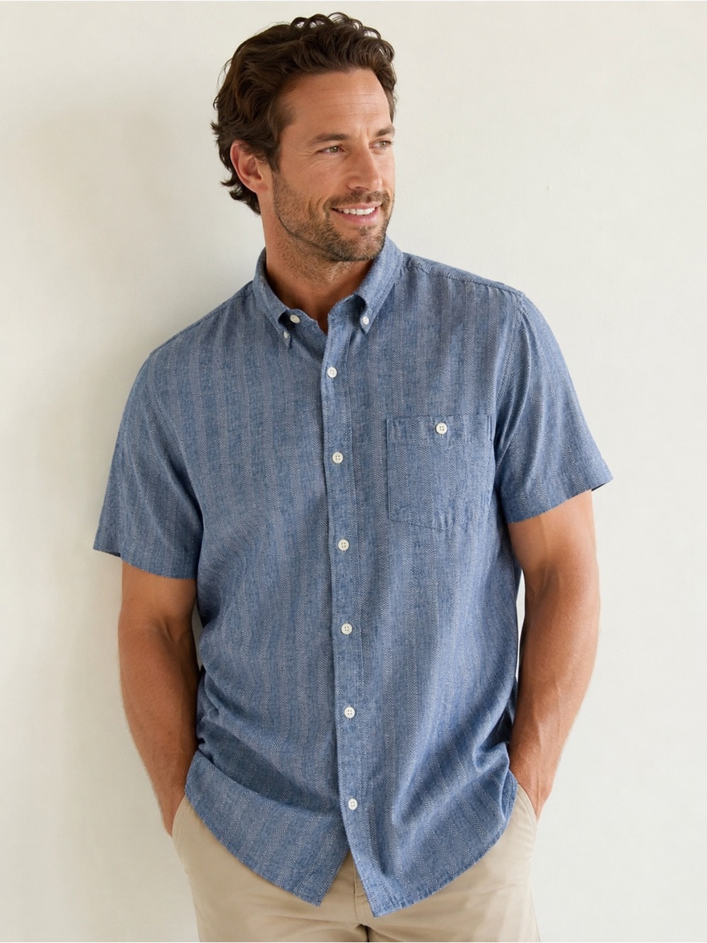 Weatherproof Vintage Men’s Large Blue Linen Blend Striped Short Sleeve Button-Up